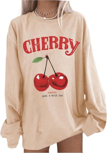 Women's Cherry Graphic Long Sleeve Corduroy Sweatshirt Drop Shoulder Crew Neck Pullover Tops in Saudi Arabia
