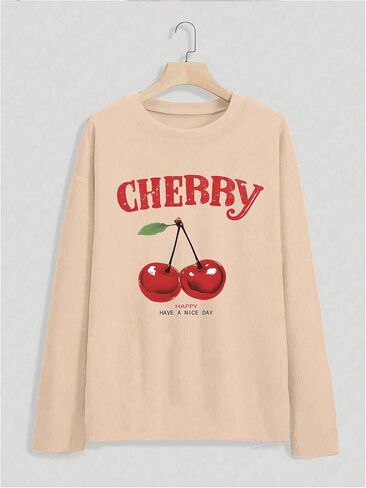 Women's Cherry Graphic Long Sleeve Corduroy Sweatshirt Drop Shoulder Crew Neck Pullover Tops in Saudi Arabia