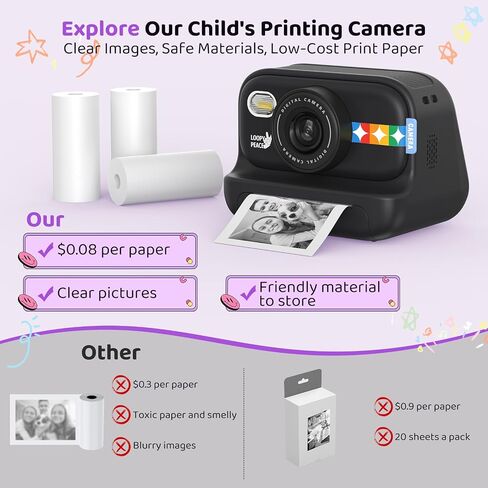 Instant Print Camera for Kids, Birthday Gifts for Girls and Boys Ages 3-12 - 1080P Video Camera for Kids, Gift Ideas for Boys Ages 3 4 5 6 7 8 9 10 11 12 - Girls' Gifts for Christmas/Holidays - Purple in Saudi Arabia