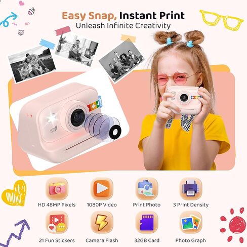 Instant Print Camera for Kids, Birthday Gifts for Girls and Boys Ages 3-12 - 1080P Video Camera for Kids, Gift Ideas for Boys Ages 3 4 5 6 7 8 9 10 11 12 - Girls' Gifts for Christmas/Holidays - Purple in Saudi Arabia
