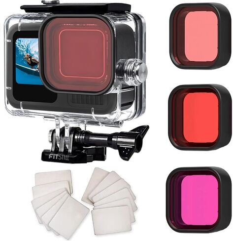 FitStill 263FT/80M Aluminum Alloy Waterproof Case for Go Pro Hero 13 Hero 12 Hero 11 Hero 10 Hero 9 Black,with 2 Cold Shoe Bracket Snorkel Magenta Filters Hero13/12/11/10/9 Action Camera Accessories in Saudi Arabia