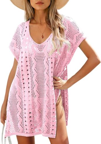 Dokotoo Women's Crochet Cover Up Swimwear Beachwear Scoop Neck Short Sleeve Mini Dress Beach Dress Crochet Coverups for Women in Saudi Arabia