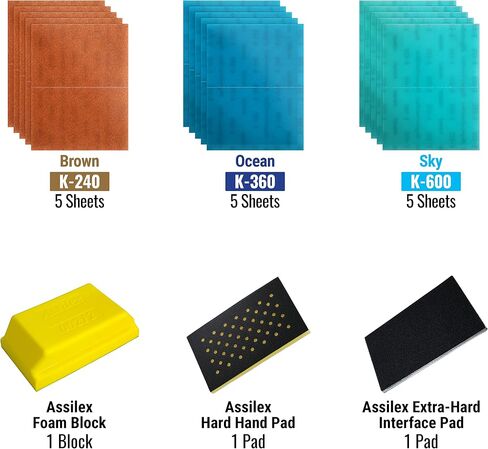 Super Assilex Flexible Sanding Sheet Finishing Starter Kit, SP19115, K600 - K1500, 25 Sheets + 1 Hand Block & Interface Pad + 1 M Hand Pad in Saudi Arabia