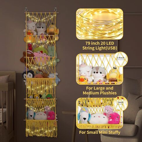5 Tier Stuffed Animal Storage,Over Door Organizer with LED Light & Clips,Extra Large Boho Stuffed Animal Hammock Corner for Nursery Kids Girls Boys Small Or Large Plushies(gray) in Saudi Arabia