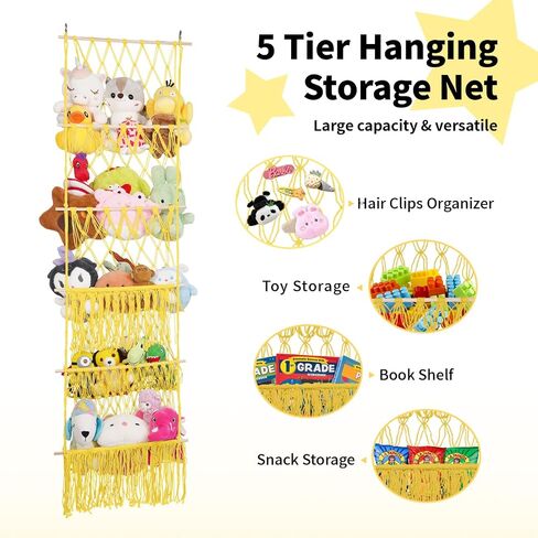 5 Tier Stuffed Animal Storage,Over Door Organizer with LED Light & Clips,Extra Large Boho Stuffed Animal Hammock Corner for Nursery Kids Girls Boys Small Or Large Plushies(gray) in Saudi Arabia