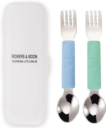 Rowers&Moon Stainless Steel Fork and Spoon Set for Toddlers and Babies, Children's Utensils, BPA-free Silicone Handle, Dishwasher Safe, 2 in 1 Self-Feeding, Travel-Friendly, Portable in Saudi Arabia