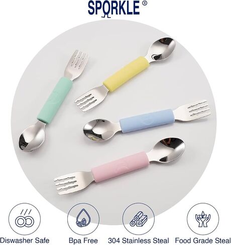 Rowers&Moon Stainless Steel Fork and Spoon Set for Toddlers and Babies, Children's Utensils, BPA-free Silicone Handle, Dishwasher Safe, 2 in 1 Self-Feeding, Travel-Friendly, Portable in Saudi Arabia