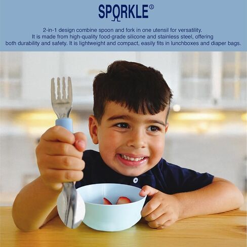 Rowers&Moon Stainless Steel Fork and Spoon Set for Toddlers and Babies, Children's Utensils, BPA-free Silicone Handle, Dishwasher Safe, 2 in 1 Self-Feeding, Travel-Friendly, Portable in Saudi Arabia