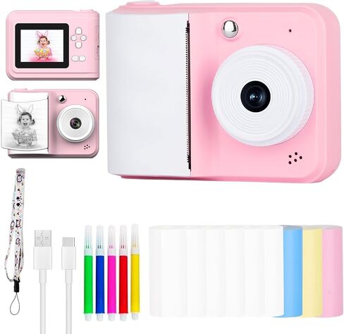 Instant Print Camera for Children, Kids Portable Entertainment Digital Camera, with 48PM Lens, 16GB Card Upgraded Set, 1080P Video Recording, Play Games/Play Music and Video (Pink) in Saudi Arabia