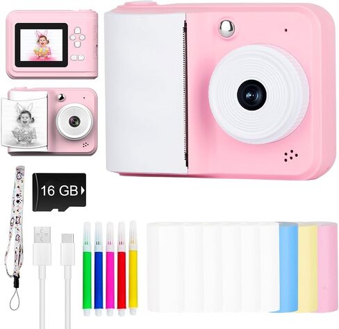 Instant Print Camera for Children, Kids Portable Entertainment Digital Camera, with 48PM Lens, 16GB Card Upgraded Set, 1080P Video Recording, Play Games/Play Music and Video (Pink) in Saudi Arabia