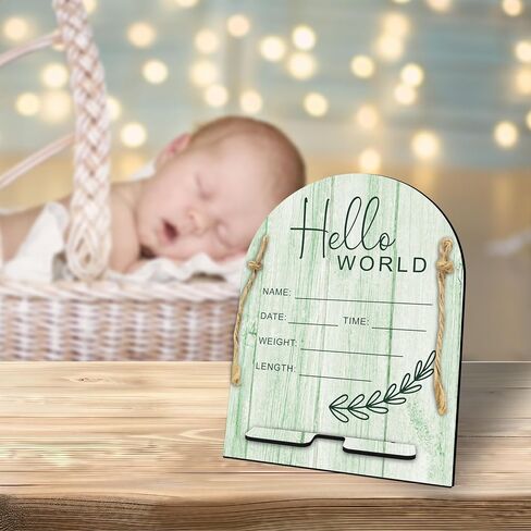 Hello World Baby Newborn Wooden Sign - Ultrasound Picture Frame With Stand - Double Sided Print Unfinished Baby Announcement Plaque - Hospital Nursery Baby Milestone Board & Pregnancy Gift(White)- A05 in Saudi Arabia