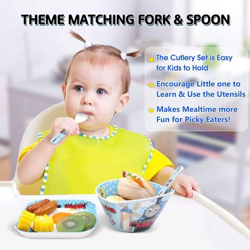 4 Pcs Set Cartoon Durable Tableware Meal Dishes Mealtime Food Feeding Eating Set includes Dinner Serving Bowl Plate Cup with a Matching Spoon and Fork in Saudi Arabia