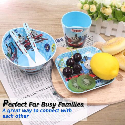 4 Pcs Set Cartoon Durable Tableware Meal Dishes Mealtime Food Feeding Eating Set includes Dinner Serving Bowl Plate Cup with a Matching Spoon and Fork in Saudi Arabia