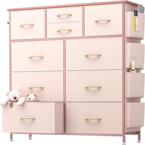 10 Drawer Dresser, Chest of Drawers for Bedroom, PU Dresser with Side Pockets, Hooks, Wooden Top and Sturdy Metal Frame for Living Room, Closet, Hallway (Black) in Saudi Arabia