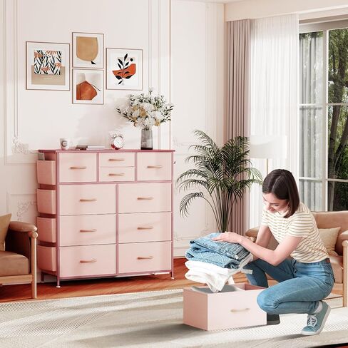 10 Drawer Dresser, Chest of Drawers for Bedroom, PU Dresser with Side Pockets, Hooks, Wooden Top and Sturdy Metal Frame for Living Room, Closet, Hallway (Black) in Saudi Arabia