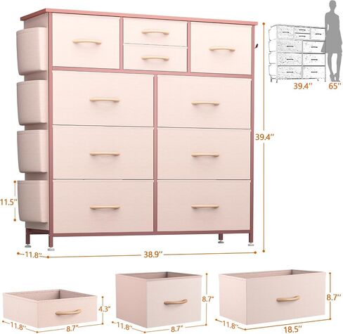 10 Drawer Dresser, Chest of Drawers for Bedroom, PU Dresser with Side Pockets, Hooks, Wooden Top and Sturdy Metal Frame for Living Room, Closet, Hallway (Black) in Saudi Arabia