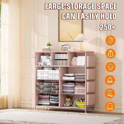 10 Drawer Dresser, Chest of Drawers for Bedroom, PU Dresser with Side Pockets, Hooks, Wooden Top and Sturdy Metal Frame for Living Room, Closet, Hallway (Black) in Saudi Arabia
