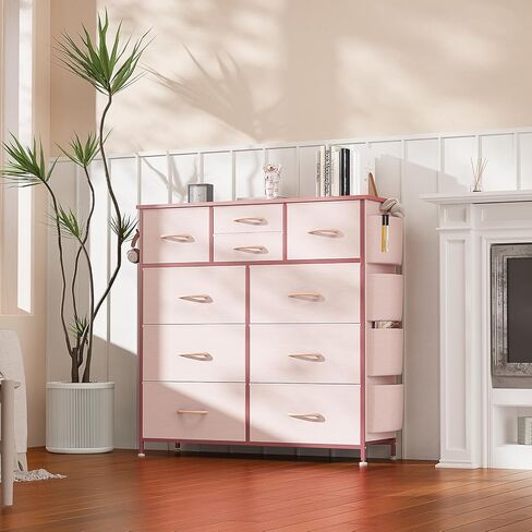 10 Drawer Dresser, Chest of Drawers for Bedroom, PU Dresser with Side Pockets, Hooks, Wooden Top and Sturdy Metal Frame for Living Room, Closet, Hallway (Black) in Saudi Arabia