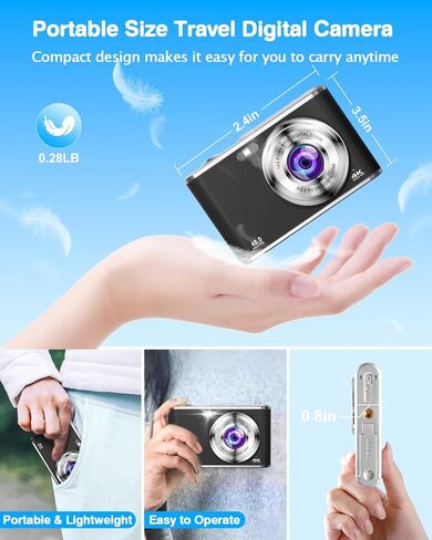 Digital Camera 4K 48MP Autofocus Vlogging Camera with Rear and Front Camera for Photography, 16X Digital Zoom Point and Shoot Cameras with 32GB Card & 2 Batteries Camera for Boys Girls Kids - Black in Saudi Arabia