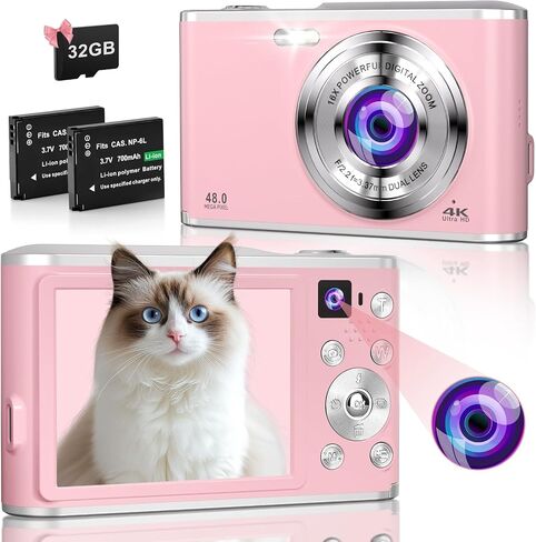 Digital Camera 4K 48MP Autofocus Vlogging Camera with Rear and Front Camera for Photography, 16X Digital Zoom Point and Shoot Cameras with 32GB Card & 2 Batteries Camera for Boys Girls Kids - Black in Saudi Arabia