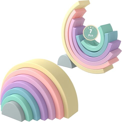 MCGMITT Rainbow Stacking Toy, Silicone Rainbow Stacker for Toddlers, Montessori Nesting Blocks, Building Creative Color Shape Matching Toy Set, 7 Layers (Brown) in Saudi Arabia