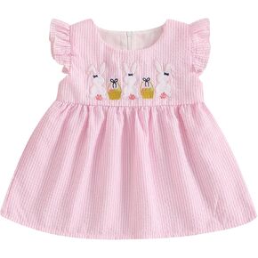 Toddler Baby Girl Easter Outfit Bunny Embroidery Smocked Dress Plaid Fly Sleeve Princess Dresses Cute Clothes
