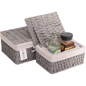 HANMYSTYLE Storage basket with lid hand-woven basket with cotton lining metal frame children's room storage picnic basket snacks sundries toiletries toys 3-piece set (Khaki-Daisy flowers)