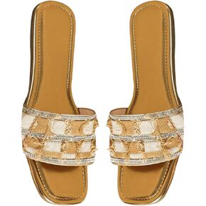 GORGLITTER Women's Denim Flat Sandals Comfortable Raw Trim Jean Slide Sandals Beach Casual Summer Shoes