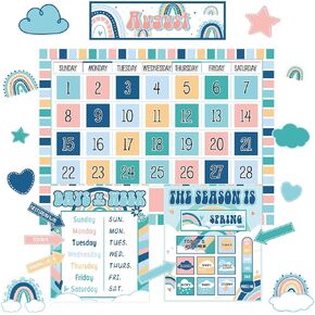 Modern Boho Calendar Bulletin Board Set for Classroom Decoration Rainbow Calendar Seasons Weather Chart Boho CTP Bulletin Board Paper-Cuts for Teachers Elementary School Classroom