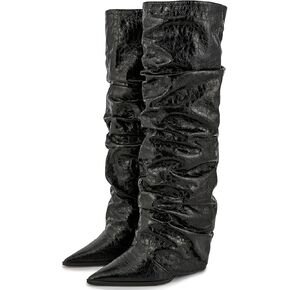 Women's Slouchy Ruched Wedge Knee High Boots - Metallic Fold Over, Glitter Pull On Tall Boots - Covered Wedges, Fashion Party Dancing Shoes