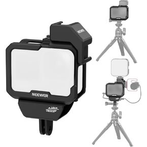 NEEWER Video Rig Cage Compatible with GoPro Hero 12 11 10 9 Light Mod Max Lens Mod, Durable Plastic with 3.5mm Media Audio Mic Adapter Mount, Cold Shoe Adapter, Battery Cover for Vlogging, AC007