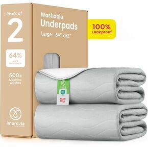 IMPROVIA® Washable Underpads, Heavy Absorbency Reusable Incontinence Pads for Kids, Adults, Elderly, and Pets - Waterproof Protection Floor White & White (2 Pack - 34x52)