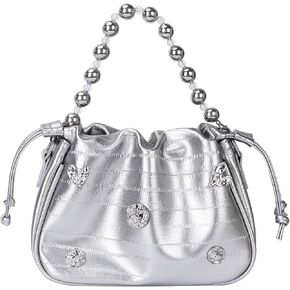 Womens Y2k Sparkly Silver Hobo Bag Tote Evening Bag Metallic Clutch Satchel Shoulder Bag Purse for Wedding Party Prom