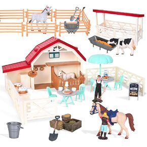 Farm Animals Figurines Toys -140 pcs Toy Set Barn Toy Horse Stable Tractor Trailer Windmill Farmer Fence Playset for Kids Toddlers Boy Girl 3-7 Years Old