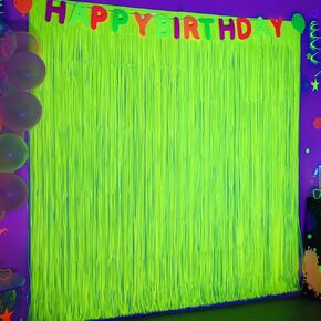 Mega-L Glow in The Dark Party Supplies, 2 Pack Neon Party Decorations 3.3 x 6.6 ft Fluorescent Macaron Orange Tinsel Foil Fringe Curtains, Photo Booth Prop Backdrop Streamer, Birthday Party Decor