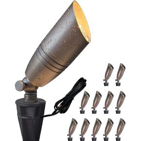 MALORY Brass Landscape Spotlight 6-Pack with MR16 Bulb Kit(S04), Low Voltage 12V AC/DC Shroud Adjustable Outside Yard Lights,PVC Ground Stake and Wire Connector Included, 5W 2700K Warm White