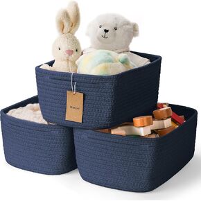 3-Pack Cotton Rope Baskets for Organizing, Fabric Square Storage Baskets, Woven Closet Storage Bin for storage Clothes Toys Books Towels Square Wicker Nursery basket organizer-Navy Blue