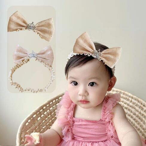 Lace Crown Hair Bow for Baby Girls Soft Tulle Elastic Headband Baby Shower Birthday Party Crown Hair Accessories for Newborn Infant Toddlers (Pink B, Adjustable) in Saudi Arabia