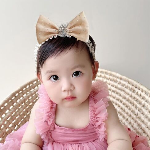 Lace Crown Hair Bow for Baby Girls Soft Tulle Elastic Headband Baby Shower Birthday Party Crown Hair Accessories for Newborn Infant Toddlers (Pink B, Adjustable) in Saudi Arabia