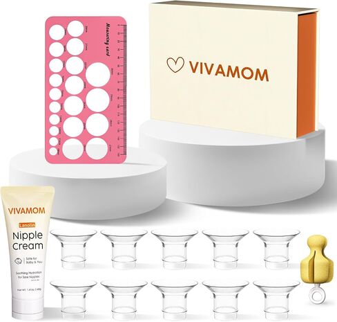 Flange Sizing Kit with Flange Inserts 10PCS & Lanolin Nipple Cream & Nipple Ruler, Silicone Breast Pump Flange Insert for Comfortable Pumping, 13/15/17/19/21mm for 24mm Pumps, Breastfeeding Essential in Saudi Arabia