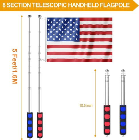 1.6M Telescopic Handheld Flagpoles with Clips, 5 Feet Thick Portable Stainless Steel Telescopic Banner Flag Pole - Tour Guide Flag Pole - Teaching Pointer Stick - 2 Pack (5 Ft, Red+Blue) in Saudi Arabia