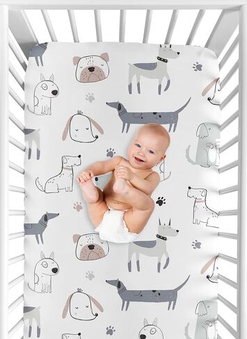 Sweet Jojo Designs Dog Boy Girl Unisex/Gender Neutral Baby Fitted Crib Sheet Set Infant Newborn Nursery Toddler Bed Room Standard Mattress 2pc Grey Taupe Blue Modern Puppy Watercolor Black White Hatch in Saudi Arabia