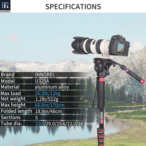 INNOREL U285A Camera Monopod 66.9 in/170 cm Aluminum Alloy 5-Section with Fast Flip Lock Travel Monopod for Canon Nikon Sony DSLR Camera Video Camcorder DV Photography Bracket Load 22 lb/10 kg in Saudi Arabia