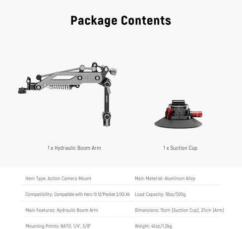 Neewer Hydraulic Boom Arm with Vacuum Suction Cup Car Mount, Quick Release NATO Rail, 360° Pan Base Compatible with Hero 13 12 DJI Pocket 3 Insta360 X4 X3 Action Camera, 18oz/500g Max Load, GA022 in Kuwait
