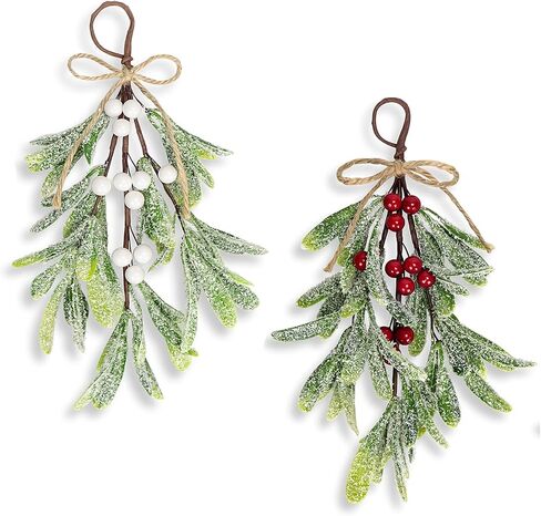 2 Pcs Christmas Artificial Mistletoe Ornament, 10.6'' Snowy Frosted Mistletoe Christmas Decoration with Berry Kissing Ball Mistletoe Hanging Decorations Spray for Winter Holiday Decor (2, Red) in Kuwait