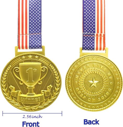 3D Gold Award Medals - 2.56 Inch Wide Olympic Medals with Trophy Pattern Decorations Stars and Stripes American Flag V Neck Ribbon - Medals for Adults & Kids, 1st Place Medals in Saudi Arabia