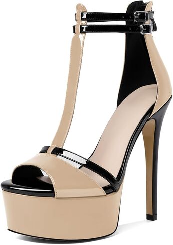 Esvowido للنساء الصنادل T الحزام المفتوح من منصة إصبع القدم الكعب الكعب الصنادل الضيقة Strappy Stiletto High High in Kuwait