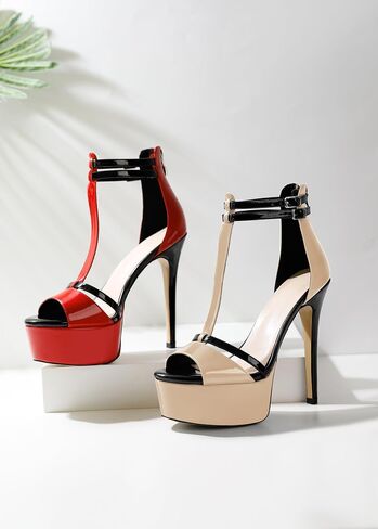 Esvowido للنساء الصنادل T الحزام المفتوح من منصة إصبع القدم الكعب الكعب الصنادل الضيقة Strappy Stiletto High High in Kuwait