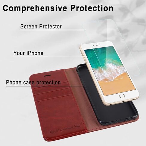 حافظة MONASAY متوافقة مع iPhone SE 2022/2020 5G، حافظة محفظة iPhone 8، حافظة iPhone 7، 4.7 بوصة، [واقي شاشة زجاجي] غطاء هاتف خلوي جلدي قابل للطي مع حامل بطاقة الائتمان، بني in Kuwait
