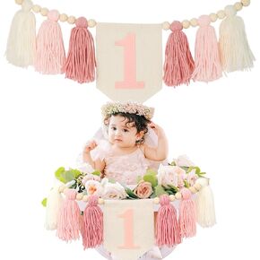 Handmade Boho 1st Birthday High Chair Banner Party Decoration for Girl Baby Shower Pink Wall Hangings Decorative for Kids Bedroom